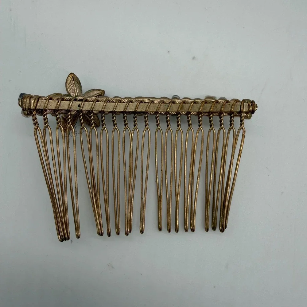 Vintage Beaded Flower Hair Combs Gold Tone Rhinestone Crystal Set of 2